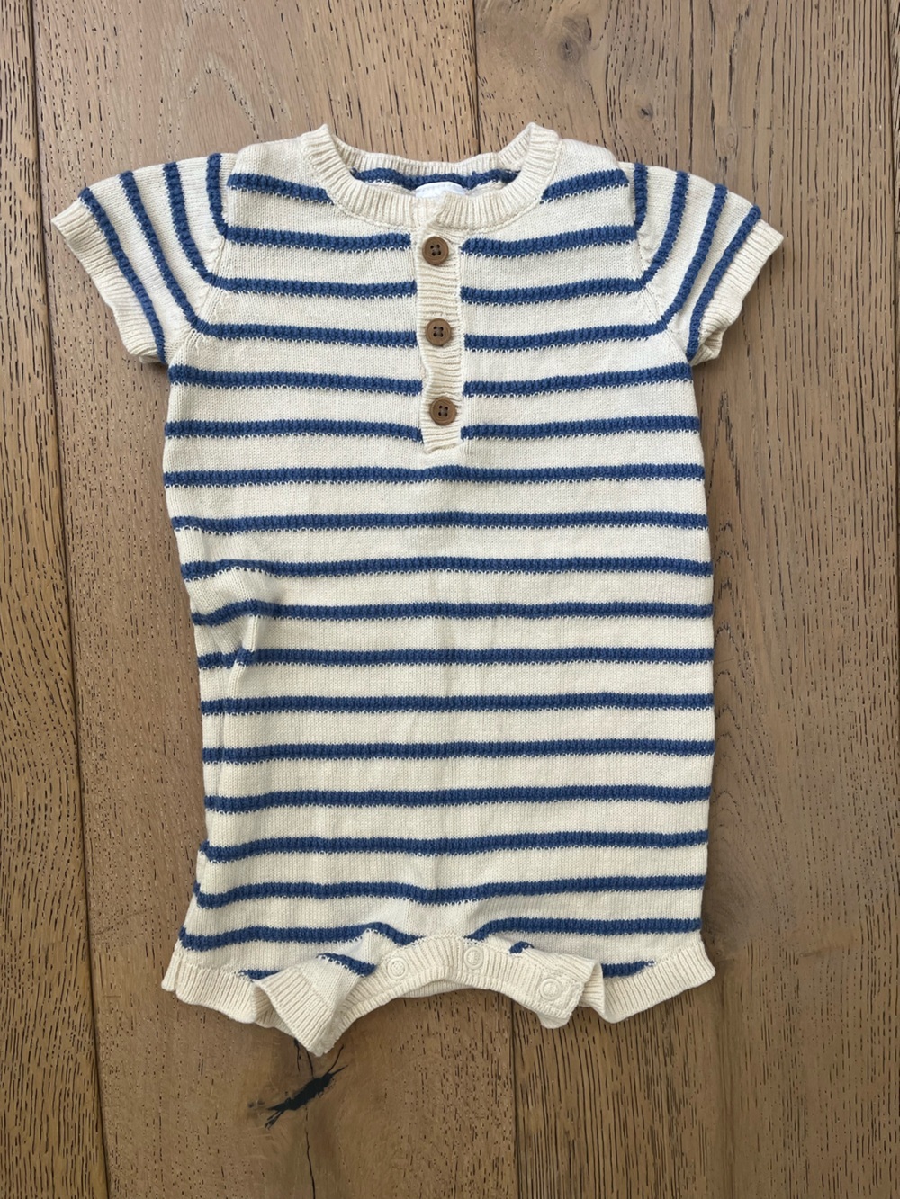 Carter’s Baby Boy Romper Blue Cream Stripe Knit Buttons 3-6 month Cotton Oeko